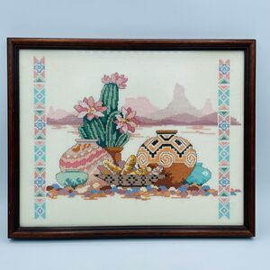 Framed Southwest Desert Motif Themed Cross Stitch Wall Art Cactus Native Pottery